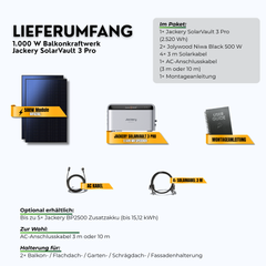 Lieferumfang: 1000W Balkonkraftwerk Jackery SolarVault 3 Pro mit 2,52 kWh Speicher (2 x 500 W Module, Halterung nach Wahl)