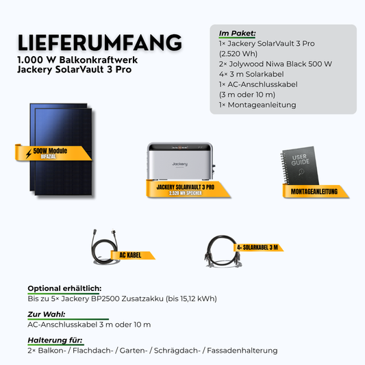 Lieferumfang: 1000W Balkonkraftwerk Jackery SolarVault 3 Pro mit 2,52 kWh Speicher (2 x 500 W Module, Halterung nach Wahl)