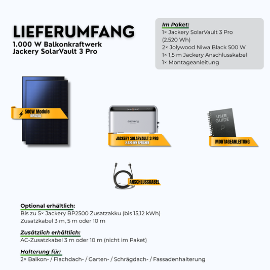 Lieferumfang 1000W Balkonkraftwerk Jackery SolarVault 3 Pro mit 2,52 kWh Speicher (2 x 500 W Module, Halterung nach Wahl): Speicher, Module, Anschlusskabel und Zubehör im Paket, Zusatzkabel 3 m, 5 m oder 10 m optional