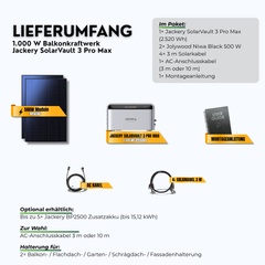Lieferumfang: 1000W Balkonkraftwerk Jackery SolarVault 3 Pro Max mit 2,52 kWh Speicher (2 x 500 W Module, Halterung nach Wahl)