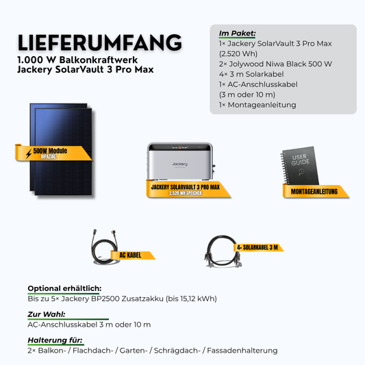 Lieferumfang: 1000W Balkonkraftwerk Jackery SolarVault 3 Pro Max mit 2,52 kWh Speicher (2 x 500 W Module, Halterung nach Wahl)