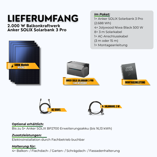 Lieferumfang: 2000W Balkonkraftwerk Anker SOLIX Solarbank 3 Pro mit 2,69 kWh Speicher (4 x 500 W Module, Halterung nach Wahl)