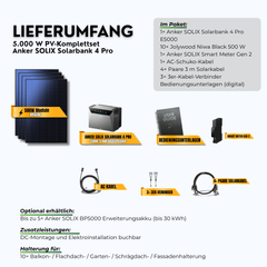 Lieferumfang: 5000W PV-Komplettset Anker SOLIX Solarbank 4 Pro mit 5 kWh Speicher (10 x 500 W Module)