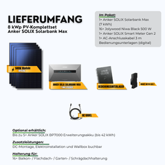 Lieferumfang: 8 kWp PV-Komplettset Anker SOLIX Solarbank Max mit 7 kWh Speicher (16 x 500 W Module)