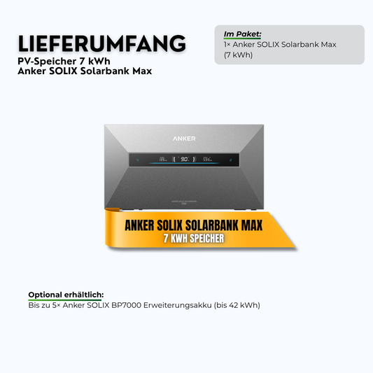 Lieferumfang: Anker SOLIX Solarbank Max 7 kWh PV-Speicher mit 10.000 W Solareingang (erweiterbar bis 42 kWh)