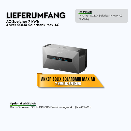 Lieferumfang: Anker SOLIX Solarbank Max AC 7 kWh AC-Speicher für bestehende PV-Anlagen (erweiterbar bis 42 kWh)