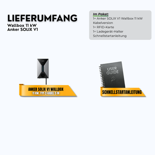 Lieferumfang: Anker SOLIX V1 Wallbox 11 kW mit Typ-2-Kabel 5 m (Solarladen, App, RFID)