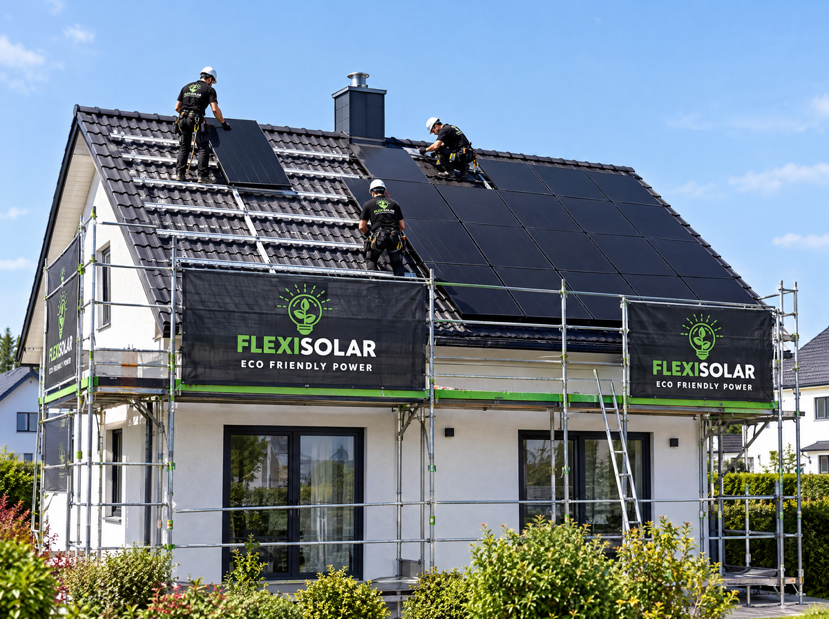 Flexisolar-Monteure montieren Photovoltaik-Module auf einem Schrägdach mit Gerüst