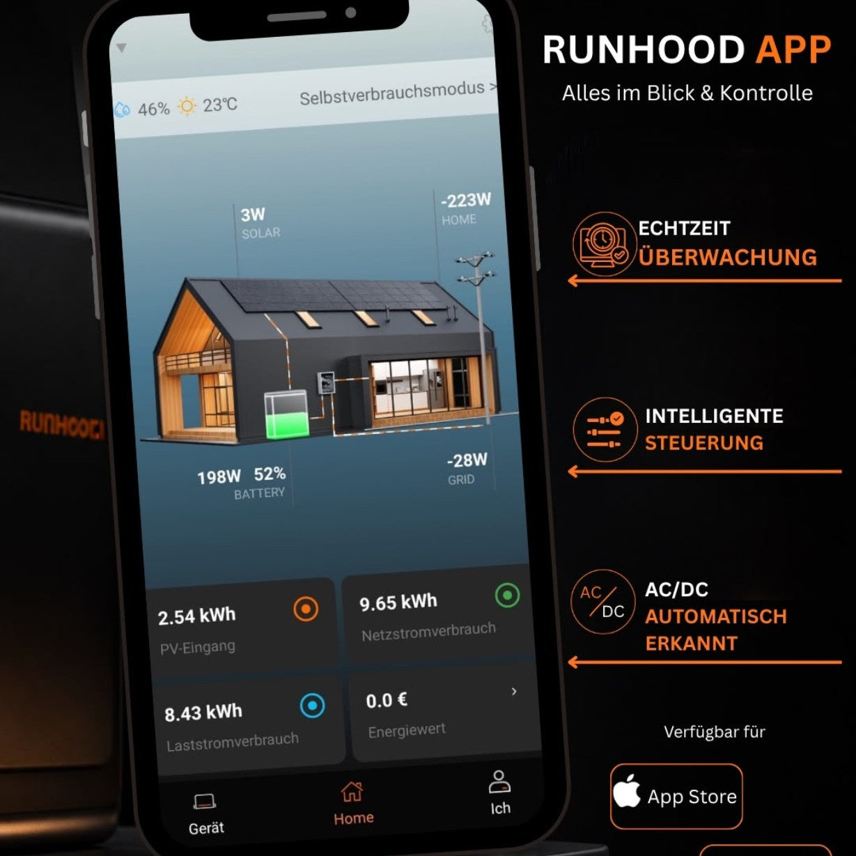 Runhood App mit Echtzeitdarstellung der Energieflüsse