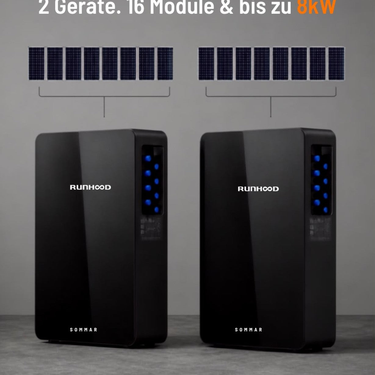 Zwei Runhood Speicher mit insgesamt 16 Solarmodulen und bis zu 8 kW PV-Leistung