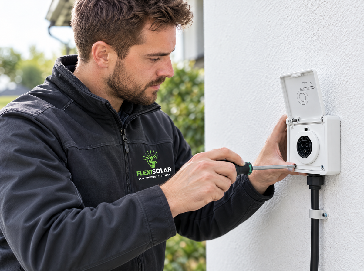 Elektriker von Flexisolar installiert eine Wieland-Einspeisesteckdose an der Hauswand